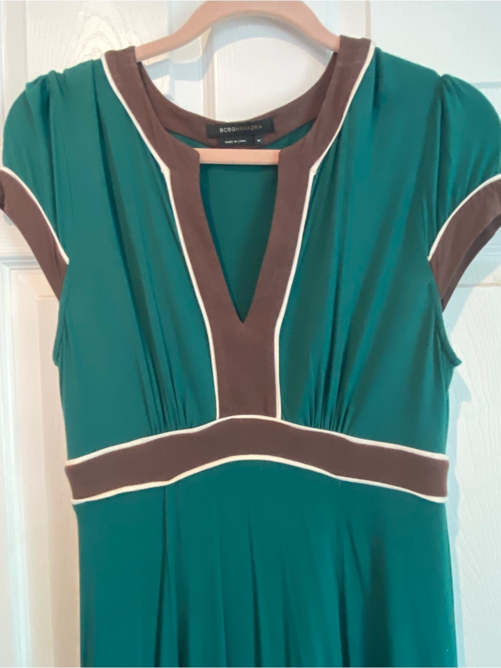 BCBGMaxAzria Teal V-Neck Tunic with Brown and White Trim